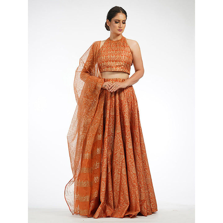 Shruti S Orange Metallic Hand Painted Lehenga (Set of 3)