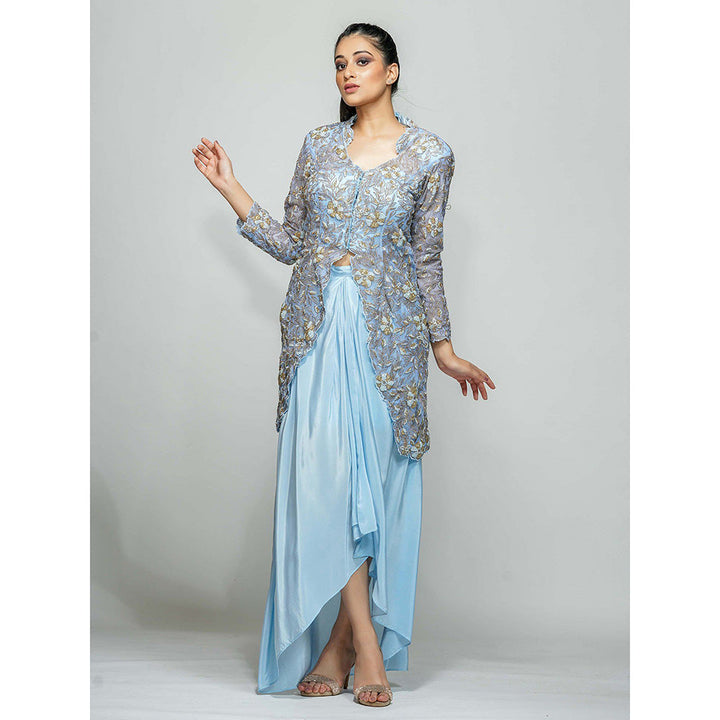 Shruti S Blue Sheer Power Shoulder Jacket With Dhoti Skirt (Set of 2)