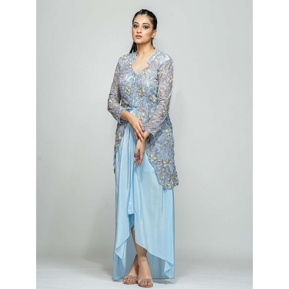 Shruti S Blue Sheer Power Shoulder Jacket With Dhoti Skirt (Set of 2)