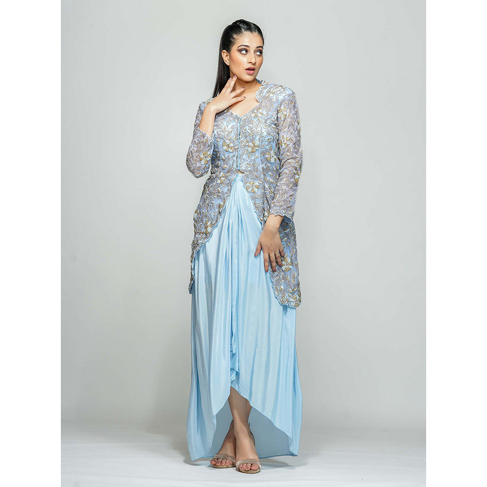 Shruti S Blue Sheer Power Shoulder Jacket With Dhoti Skirt (Set of 2)