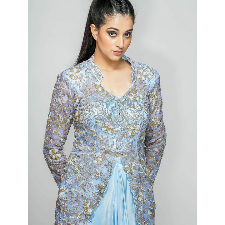 Shruti S Blue Sheer Power Shoulder Jacket With Dhoti Skirt (Set of 2)