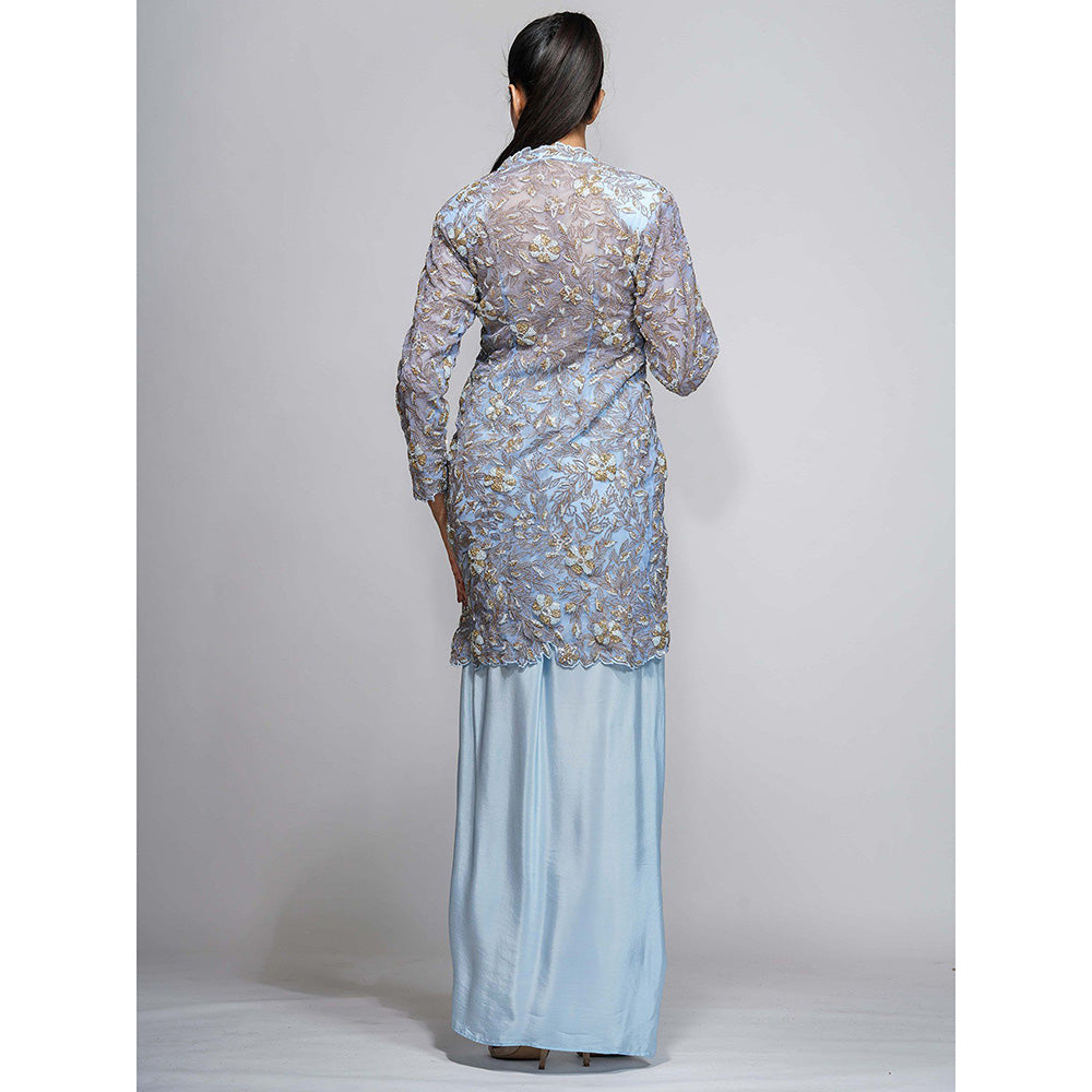 Shruti S Blue Sheer Power Shoulder Jacket With Dhoti Skirt (Set of 2)