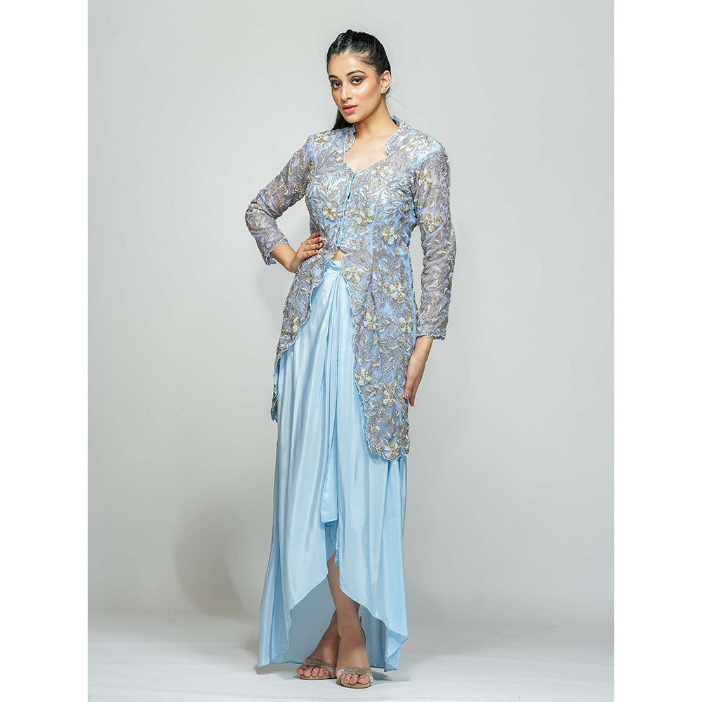 Shruti S Blue Sheer Power Shoulder Jacket With Dhoti Skirt (Set of 2)