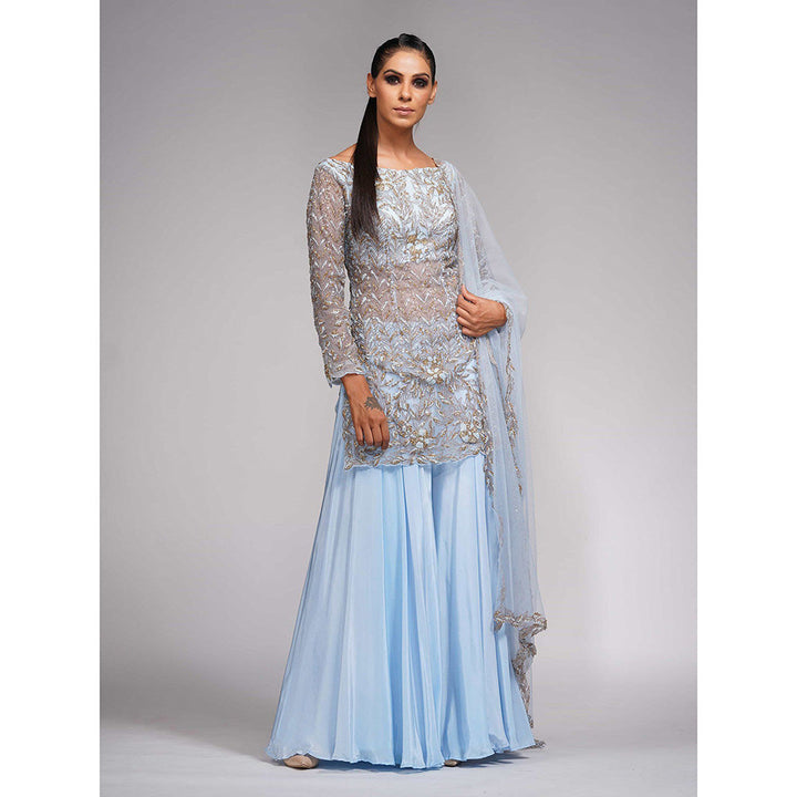 Shruti S Blue Boat Neck Sharara (Set of 3)