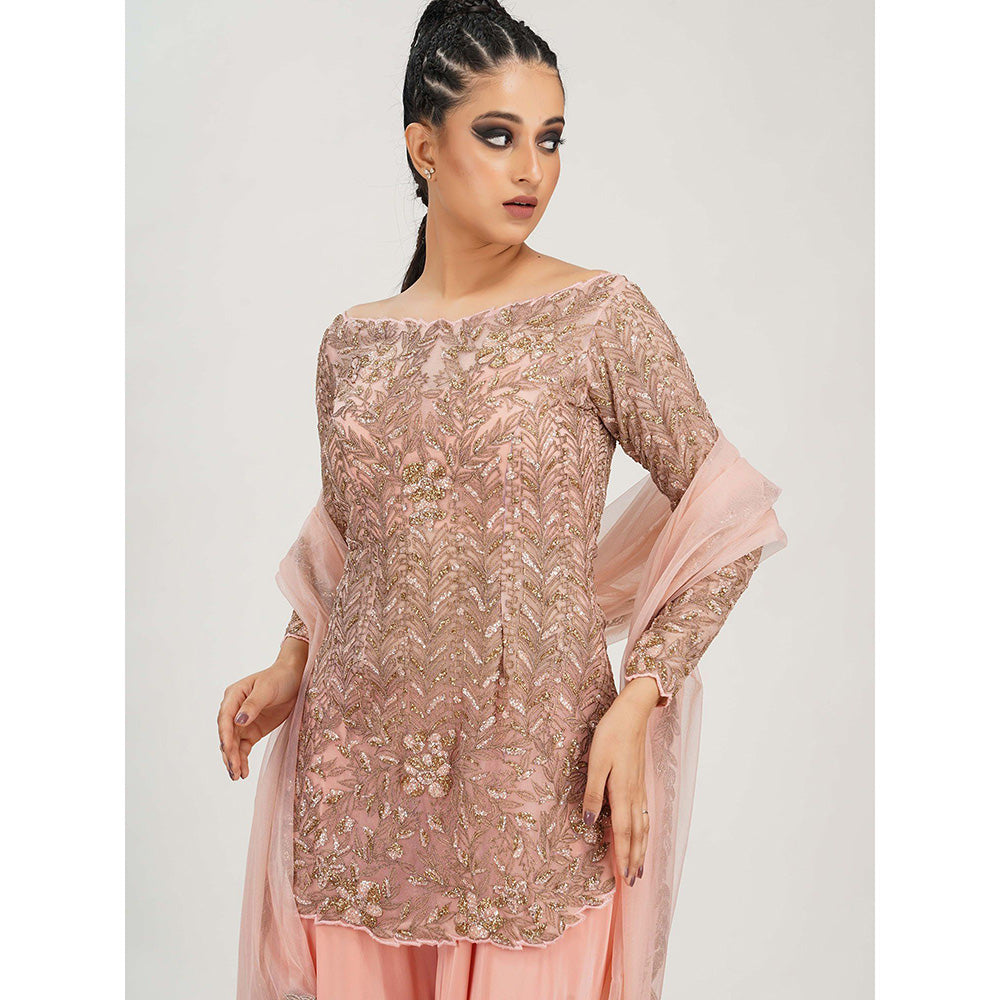 Shruti S Peach Boat Neck Sharara (Set of 3)