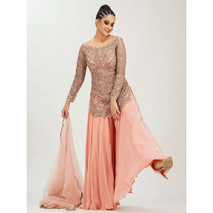 Shruti S Peach Boat Neck Sharara (Set of 3)