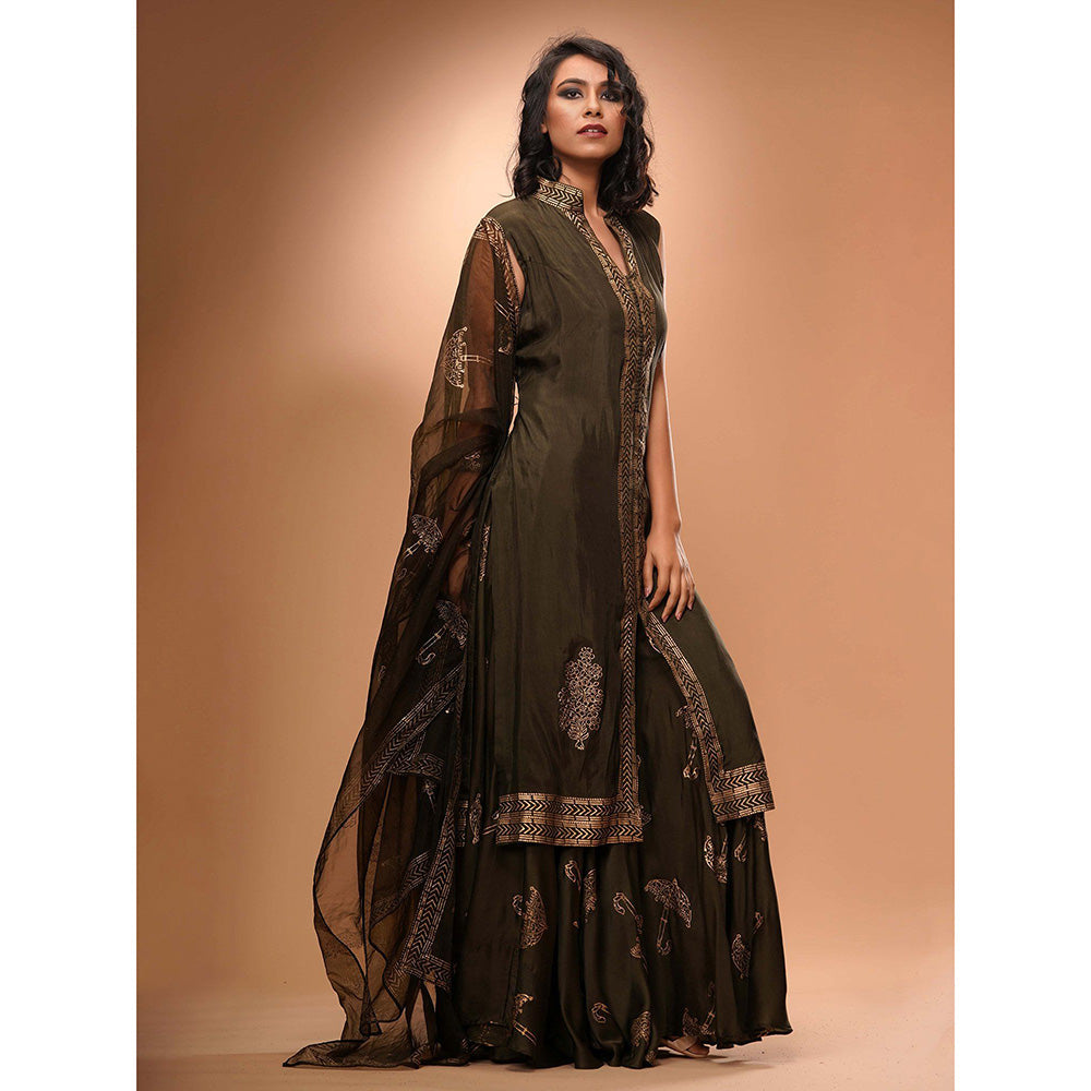 Shruti S Olive Metallic Printed Sharara (Set of 3)