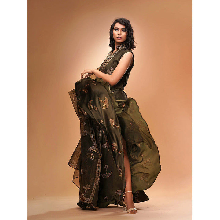 Shruti S Olive Metallic Printed Sharara (Set of 3)