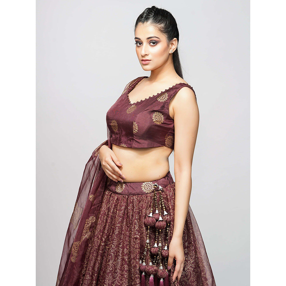 Shruti S Maroon Metallic Hand Painted Lehenga (Set of 3)