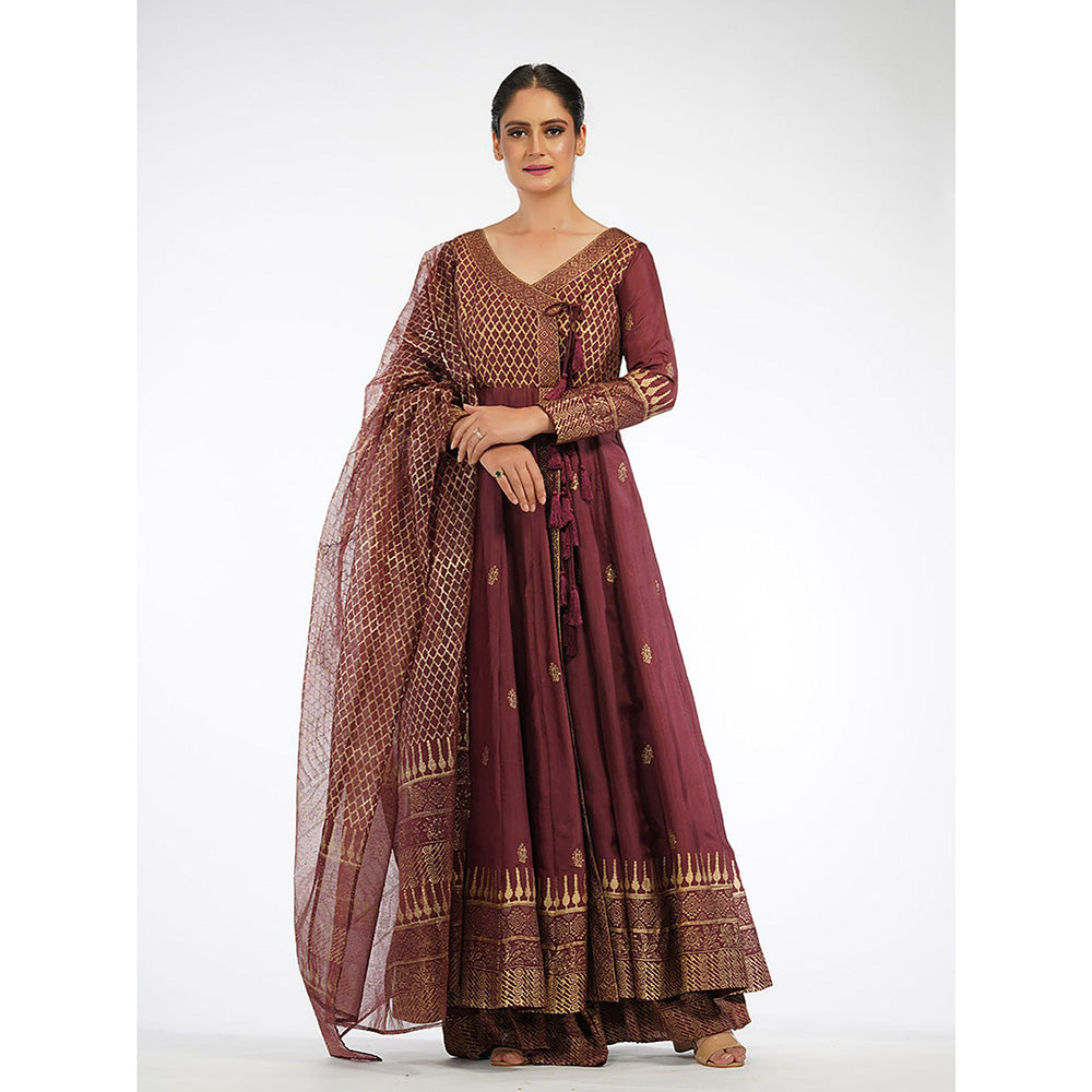 Shruti S Maroon Angrakha Style Anarkali (Set of 3)