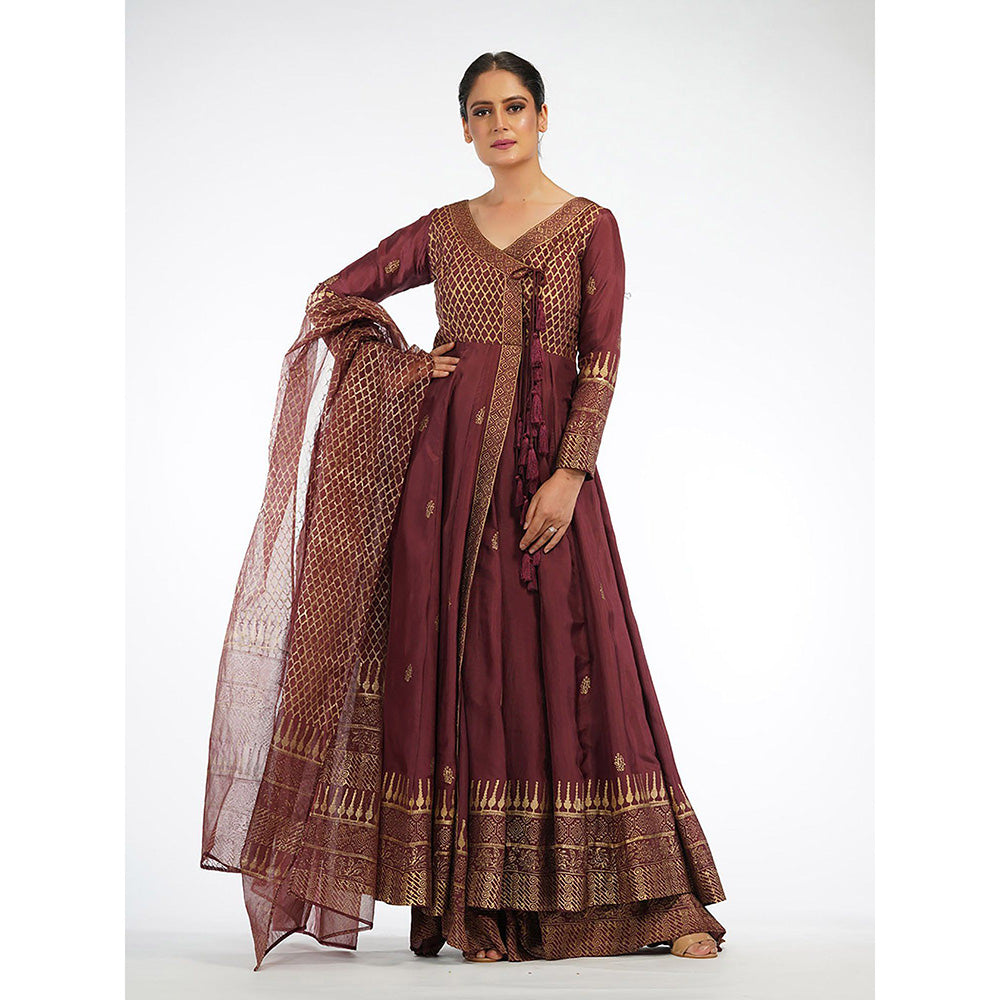 Shruti S Maroon Angrakha Style Anarkali (Set of 3)