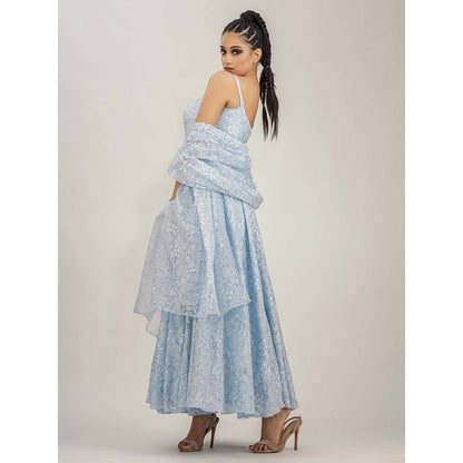 Shruti S Blue Hand Painted Anarkali With Pearl Work (Set of 3)