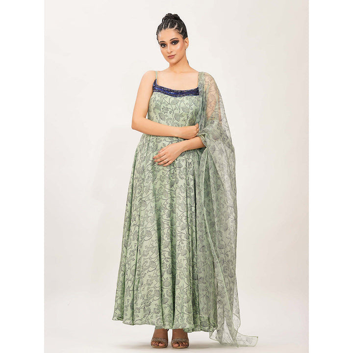 Shruti S Green Hand Painted And Embroidered Anarkali (Set of 3)