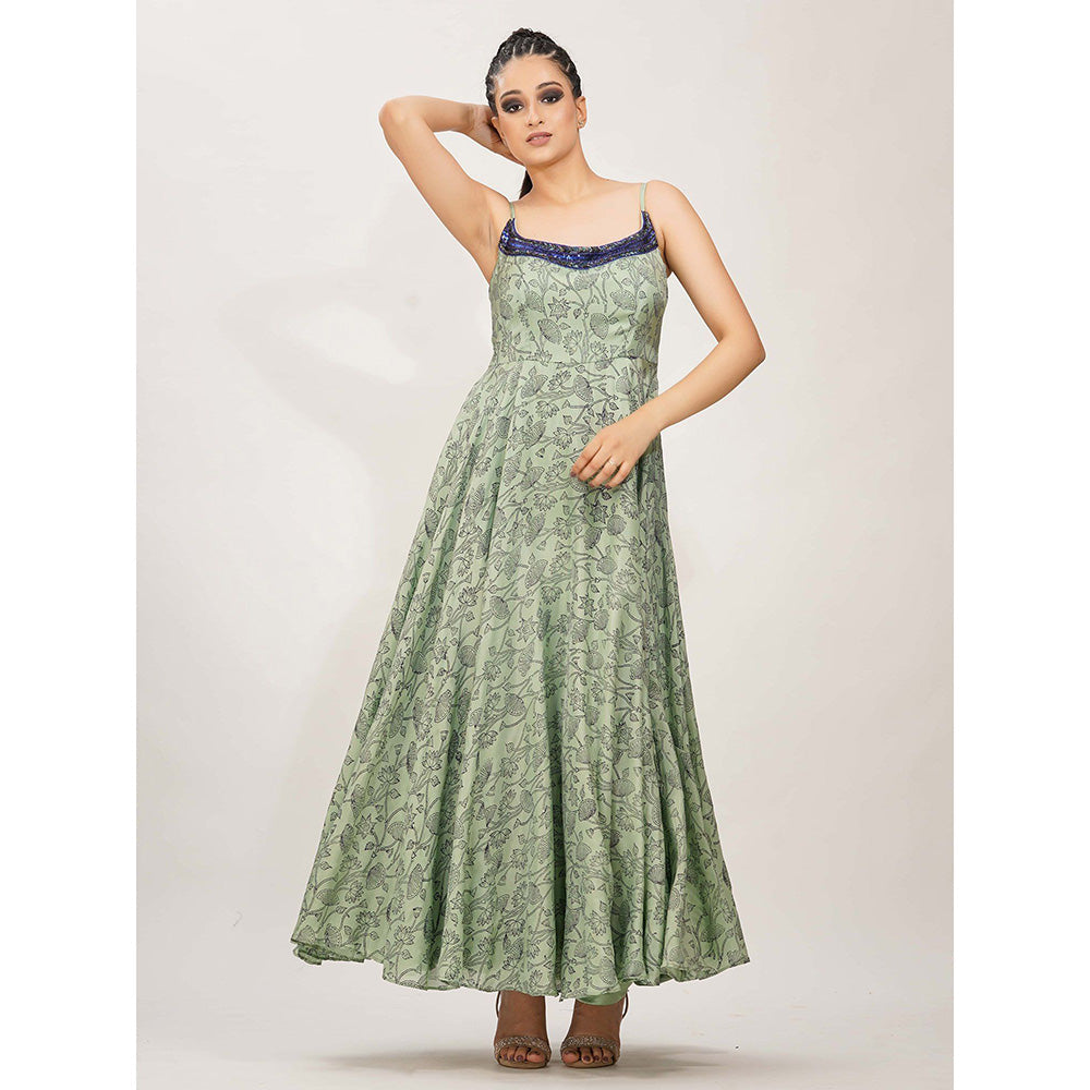 Shruti S Green Hand Painted And Embroidered Anarkali (Set of 3)