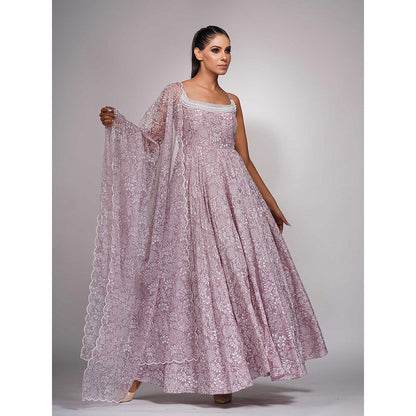 Shruti S Lilac Hand Painted Anarkali With Pearl Work (Set of 3)