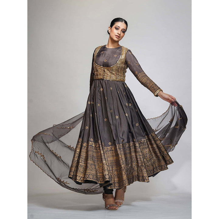 Shruti S Grey Metallic Printed Anarkali (Set of 4)