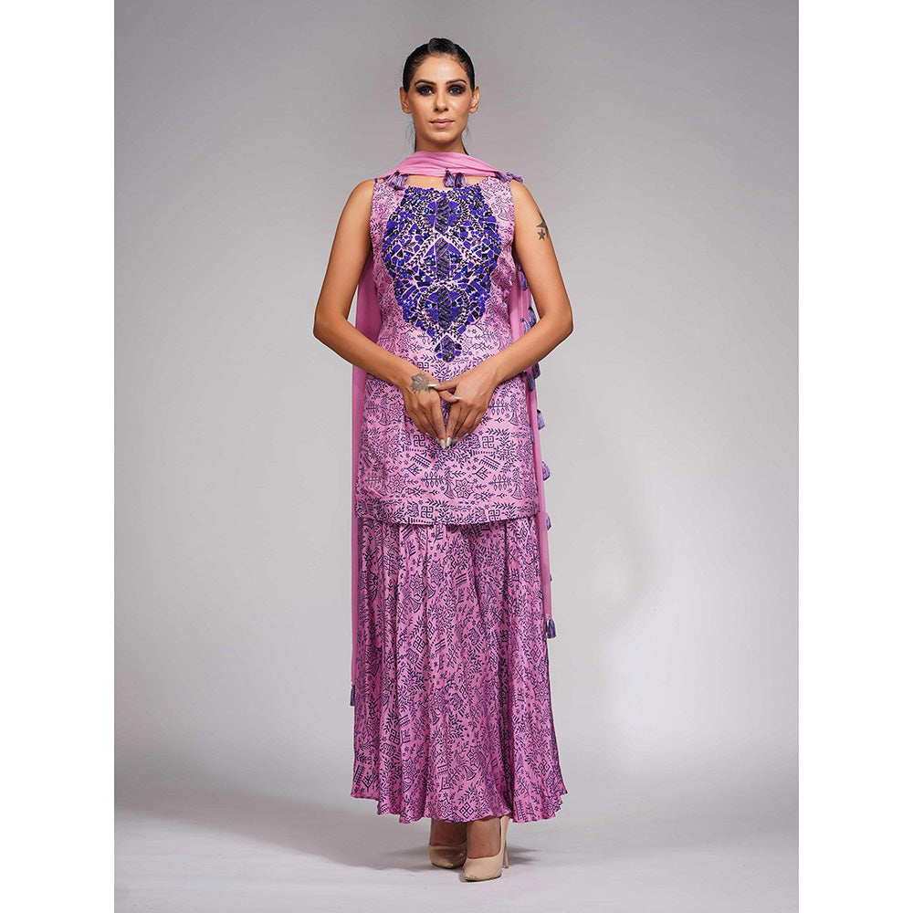 Shruti S Pink Hand Painted And Embroidered Sharara (Set of 3)