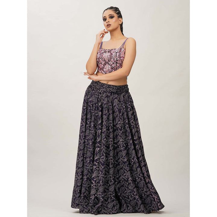 Shruti S Navy Blue Hand Painted And Embroidered Skirt (Set of 2)