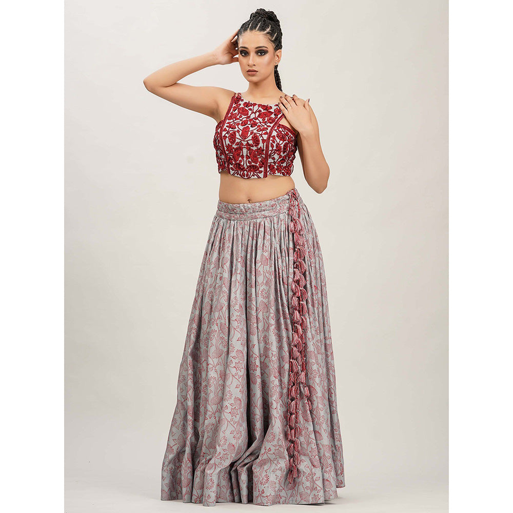 Shruti S Grey Hand Painted And Embroidered Skirt (Set of 2)