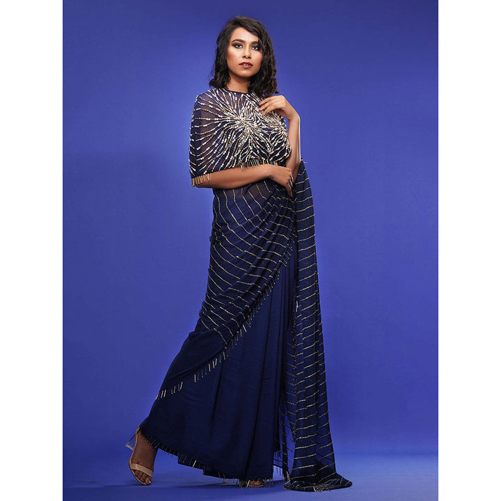 Shruti S Navy Blue Draped Saree With Cape with Stitched Blouse