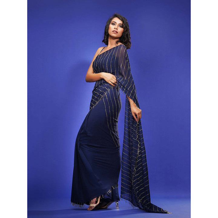 Shruti S Navy Blue Draped Saree With Cape with Stitched Blouse