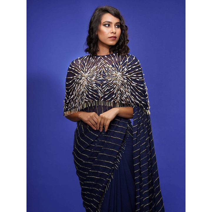 Shruti S Navy Blue Draped Saree With Cape with Stitched Blouse