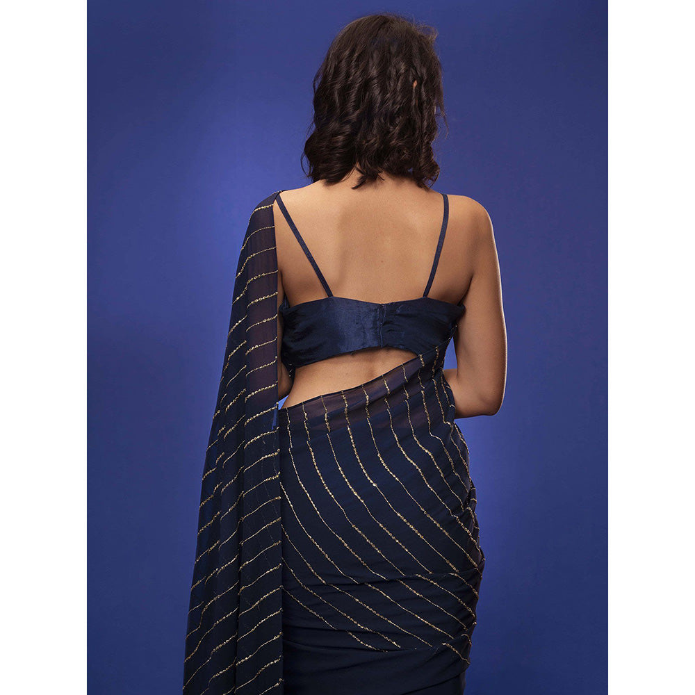 Shruti S Navy Blue Draped Saree With Cape with Stitched Blouse