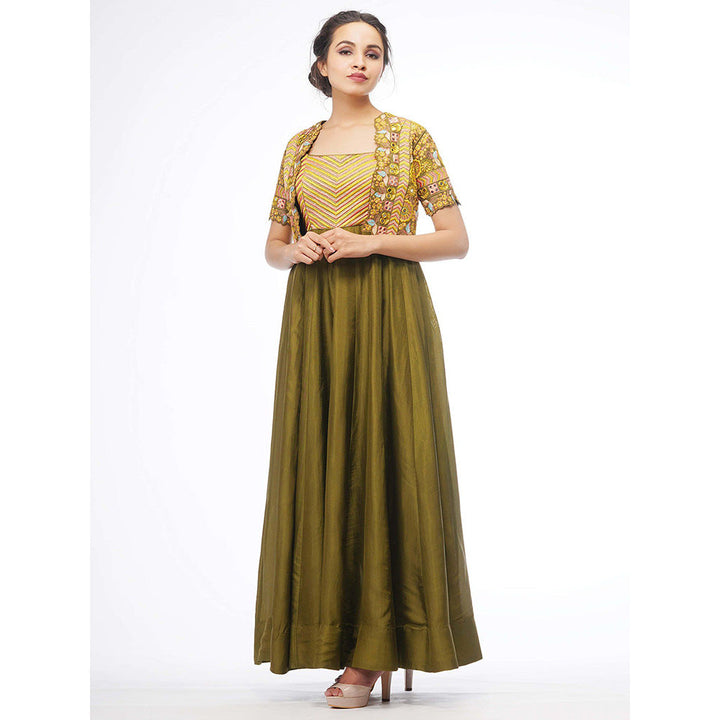 Shruti S Olive Boho Anarkali With Jacket (Set of 3)