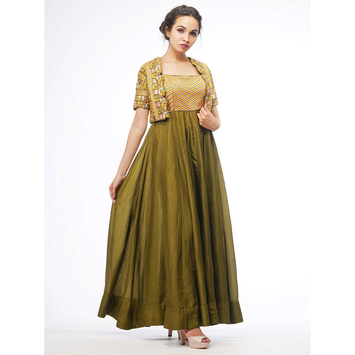 Shruti S Olive Boho Anarkali With Jacket (Set of 3)