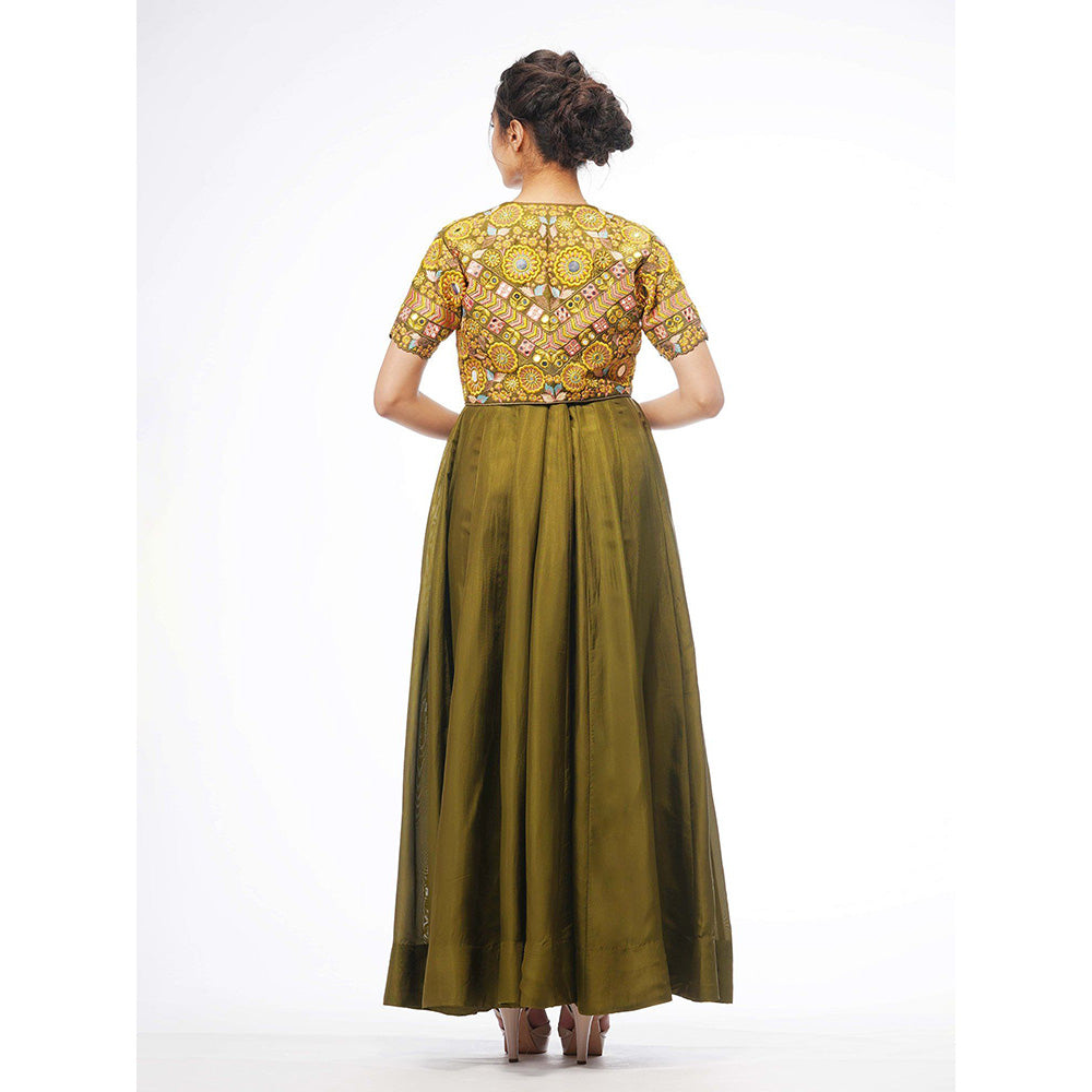 Shruti S Olive Boho Anarkali With Jacket (Set of 3)