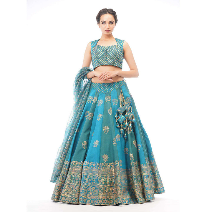 Shruti S Turquoise Dual Tone Silk Lehenga (Set of 3)