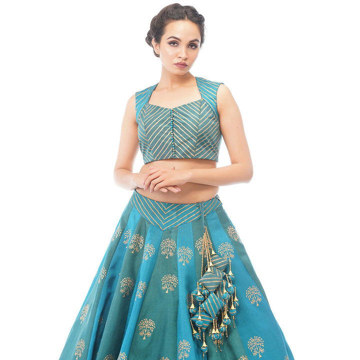 Shruti S Turquoise Dual Tone Silk Lehenga (Set of 3)