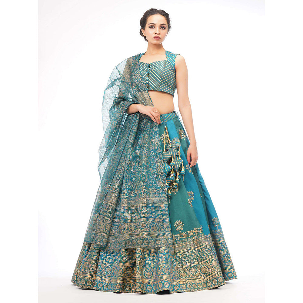 Shruti S Turquoise Dual Tone Silk Lehenga (Set of 3)