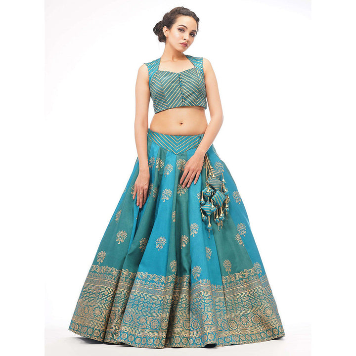 Shruti S Turquoise Dual Tone Silk Lehenga (Set of 3)