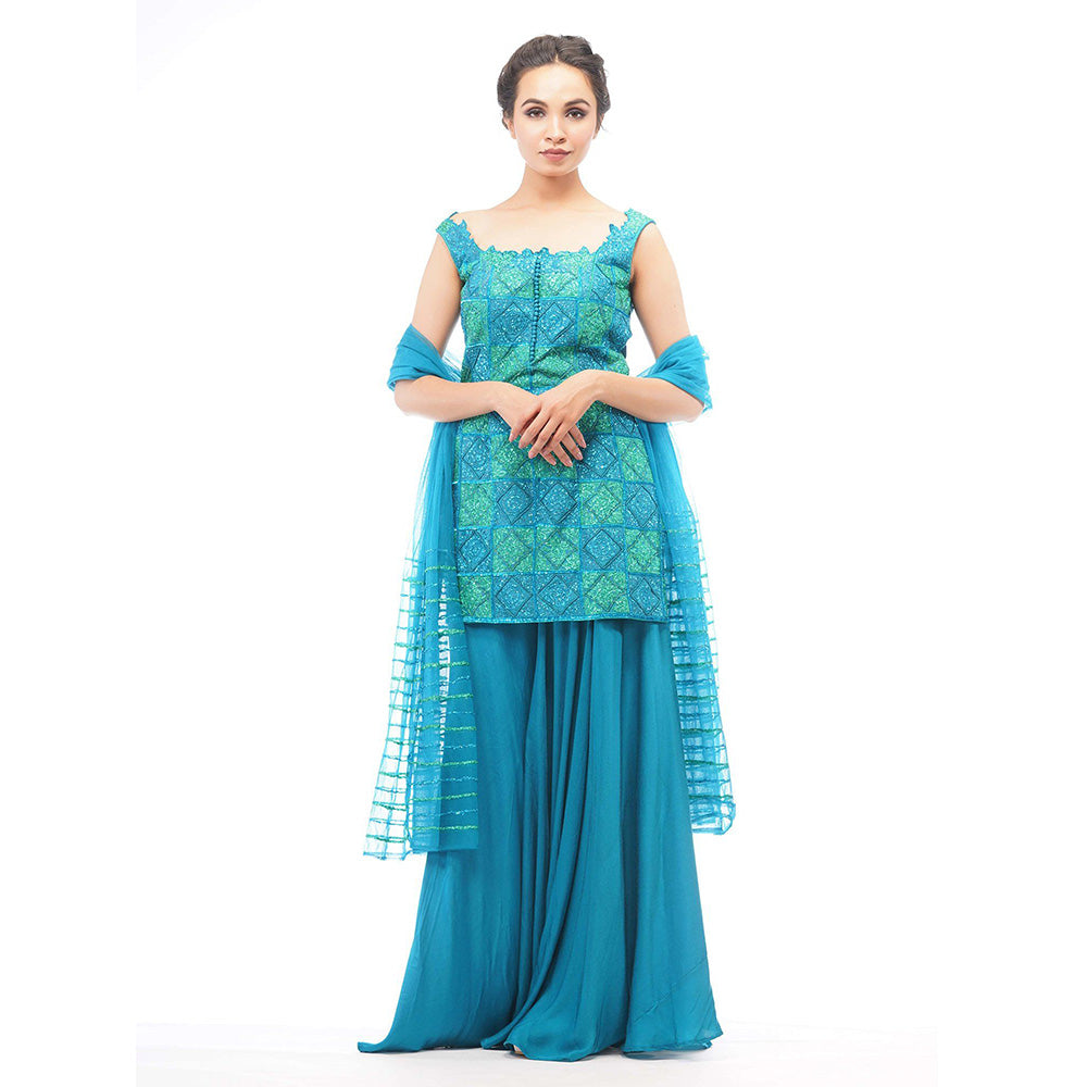 Shruti S Teal Dual Tone Sharara (Set of 3)