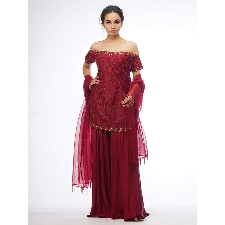 Shruti S Red Off Shoulder Sharara (Set of 3)