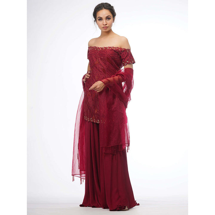 Shruti S Red Off Shoulder Sharara (Set of 3)