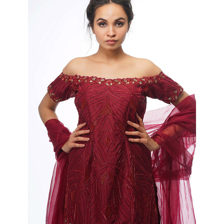 Shruti S Red Off Shoulder Sharara (Set of 3)