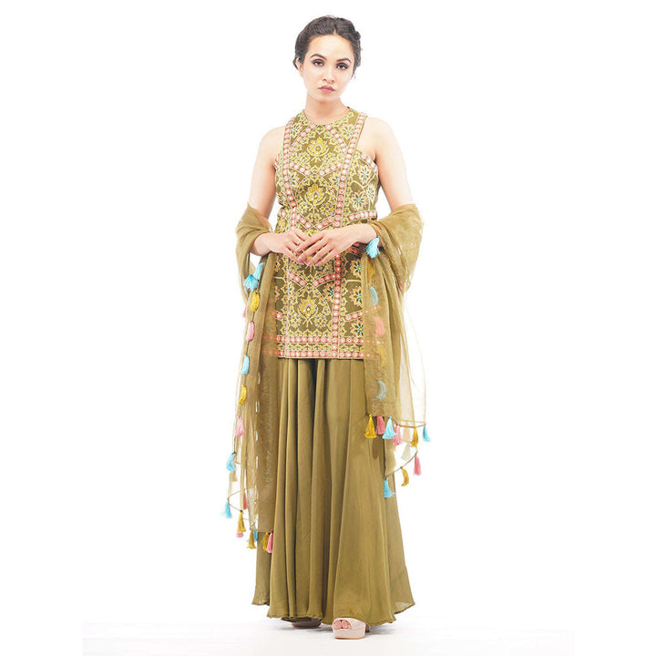 Shruti S Olive Boho Thread Work Sharara (Set of 3)