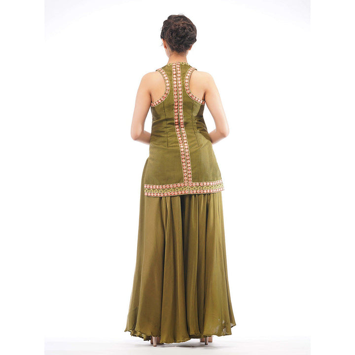 Shruti S Olive Boho Thread Work Sharara (Set of 3)