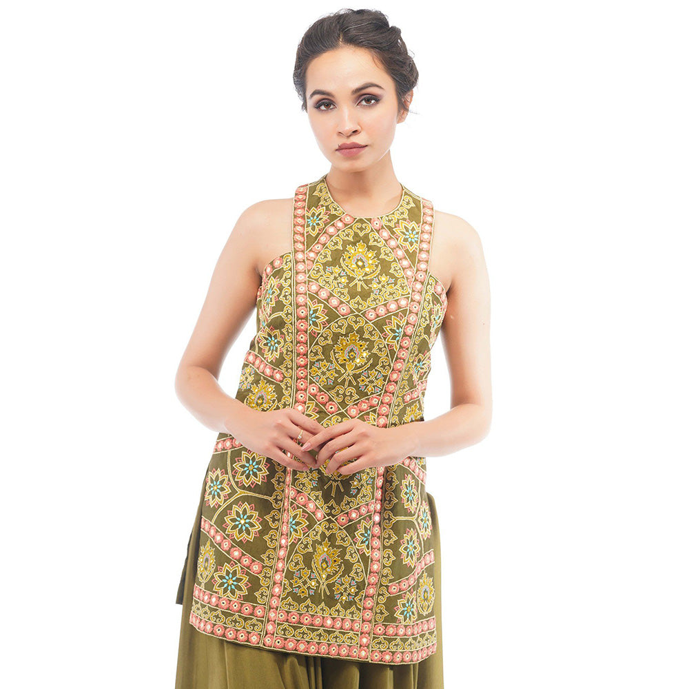 Shruti S Olive Boho Thread Work Sharara (Set of 3)