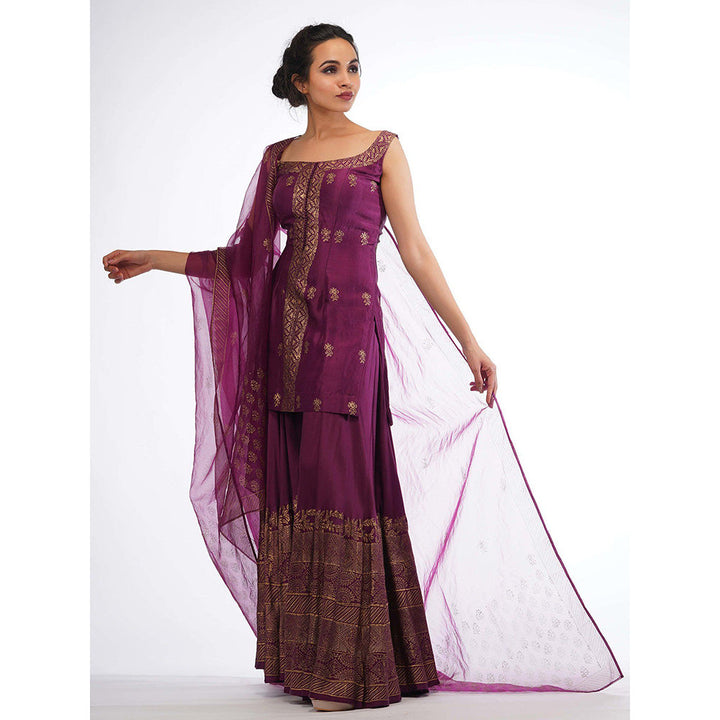 Shruti S Maroon Metallic Print Sharara (Set of 3)