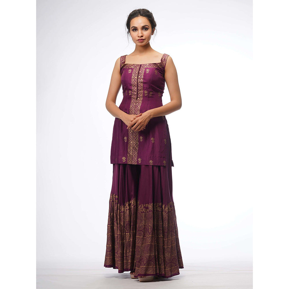 Shruti S Maroon Metallic Print Sharara (Set of 3)