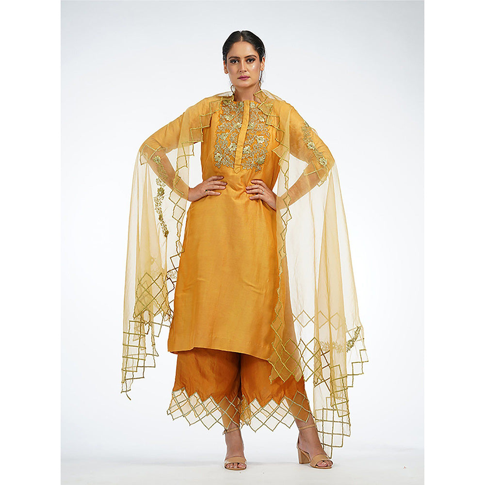 Shruti S Yellow Palazzo With Zari Work (Set of 3)