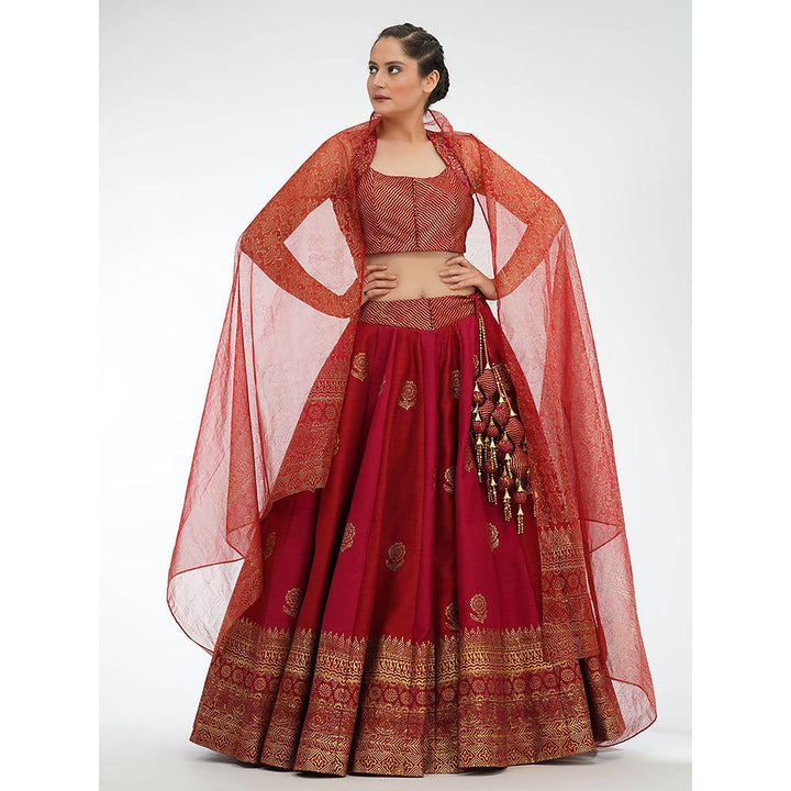 Shruti S Red Dual Tone Silk Lehenga (Set of 3)