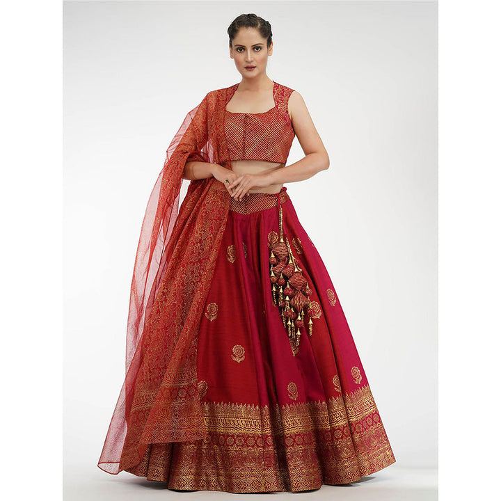 Shruti S Red Dual Tone Silk Lehenga (Set of 3)