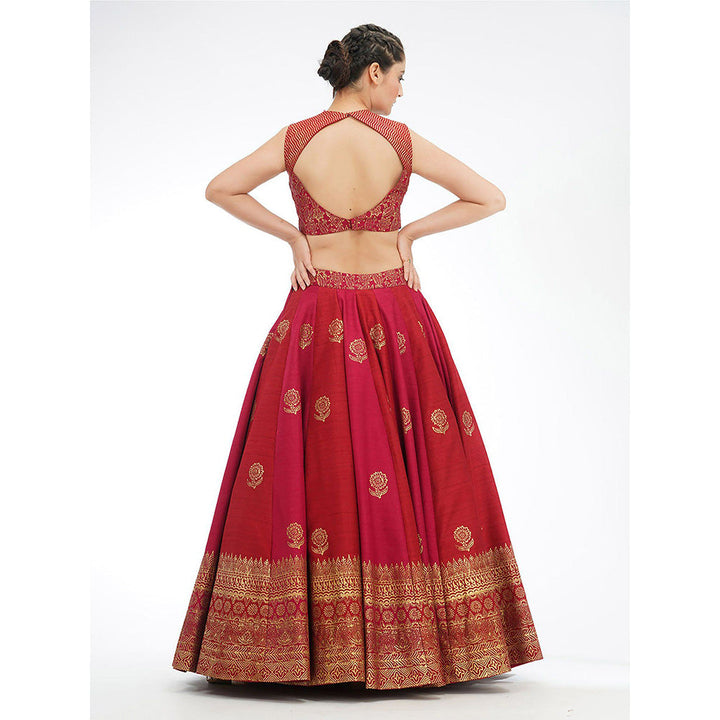 Shruti S Red Dual Tone Silk Lehenga (Set of 3)