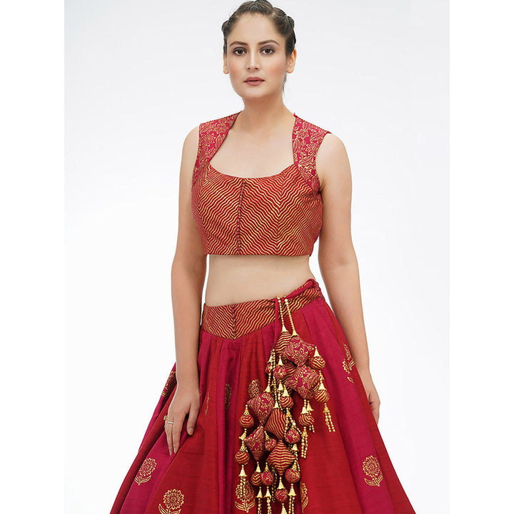 Shruti S Red Dual Tone Silk Lehenga (Set of 3)