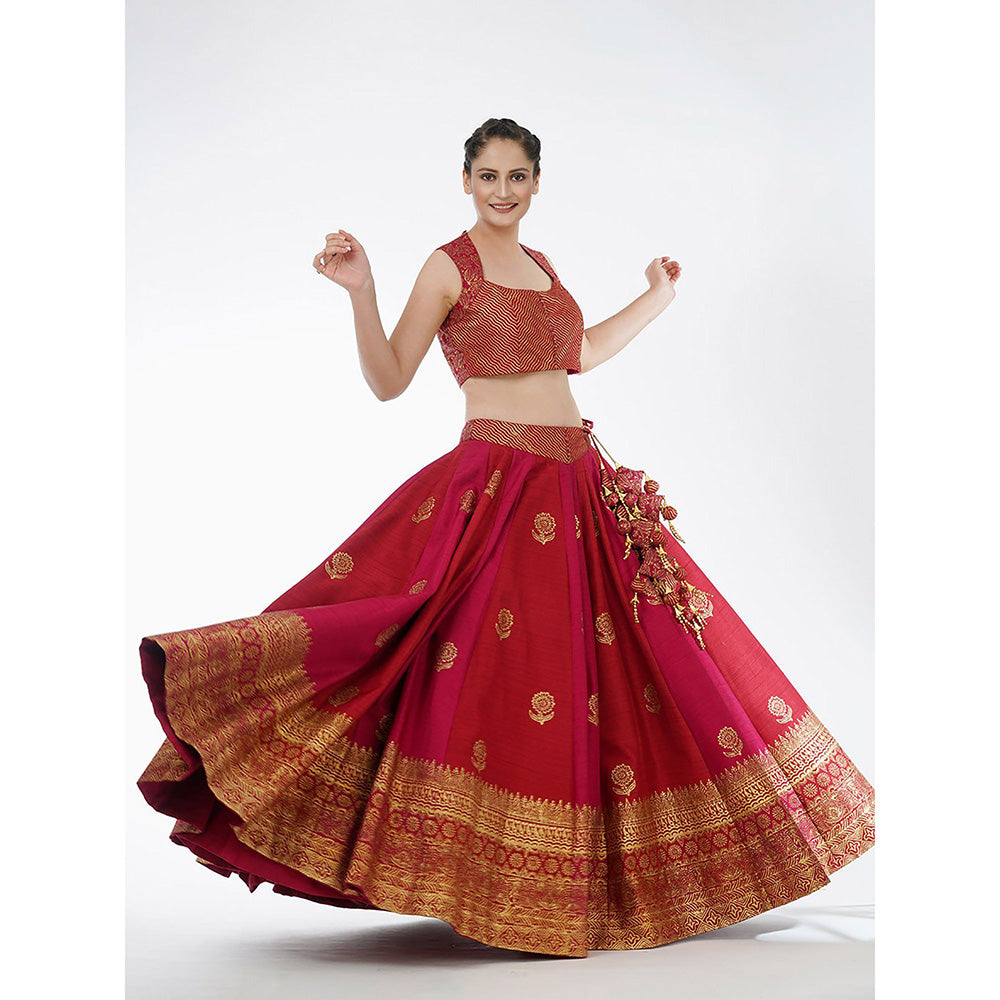 Shruti S Red Dual Tone Silk Lehenga (Set of 3)