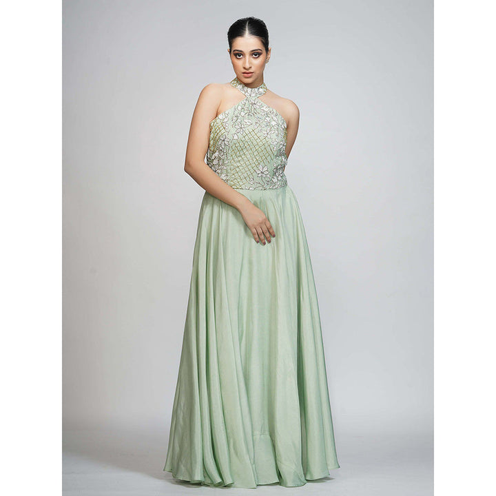 Shruti S Green Halter Neck Embroidered Gown